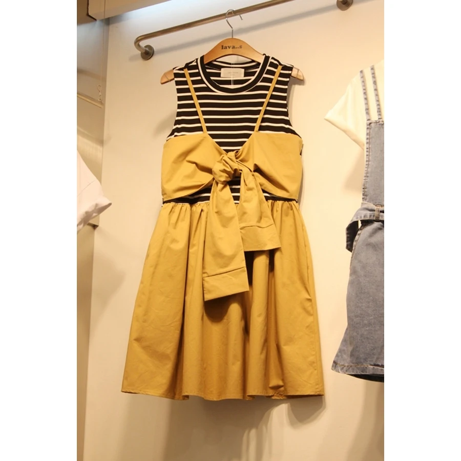 

2019 Summer New Casual Loose DressBow Sling Splice Stripe Sleeveless Fake Two Dress High Street Patchwork Sleeveless Dress