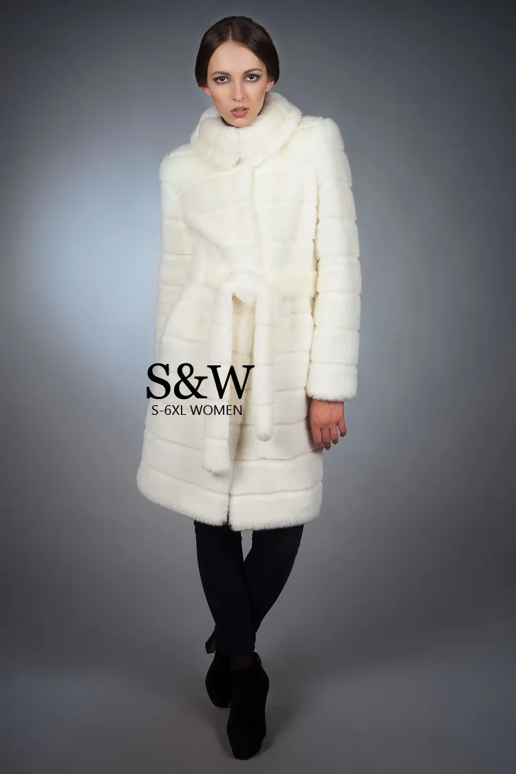 S-5XL размера плюс женское белое длинное меховое пальто из искусственного меха норки пальто и куртки модное зимнее пальто в полоску из кроличьего меха с поясом
