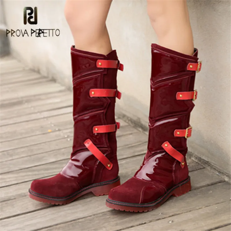 

Prova Perfetto Punk Style Women Riding Boots Platform Flat Botas Mujer Straps Buckles Rubber Shoes Woman Knee High Boots