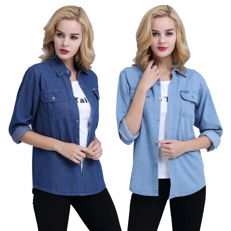 Autumn Women Thick Denim Jean Blue Shirt Lady Long Sleeve Loose Plus