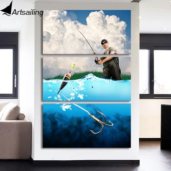 

Artsailing 3 panel Canvas Fishing Man By Sea Picture Blue Sea Canvas Prints Modular Posters For Room Decor Canvas Print Framed