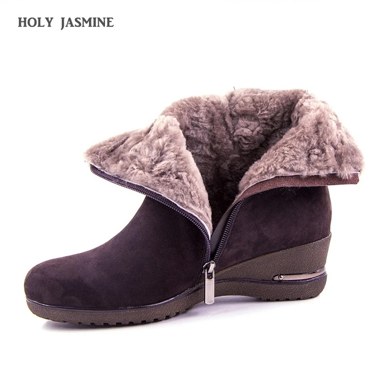 Leder Größe Marke Keile Stiefel Große Schuhe Neue Pelz Echtes Schnee Volles Frauen Winter Knöchel 2019 Einem Brown Wolle wxBI1x