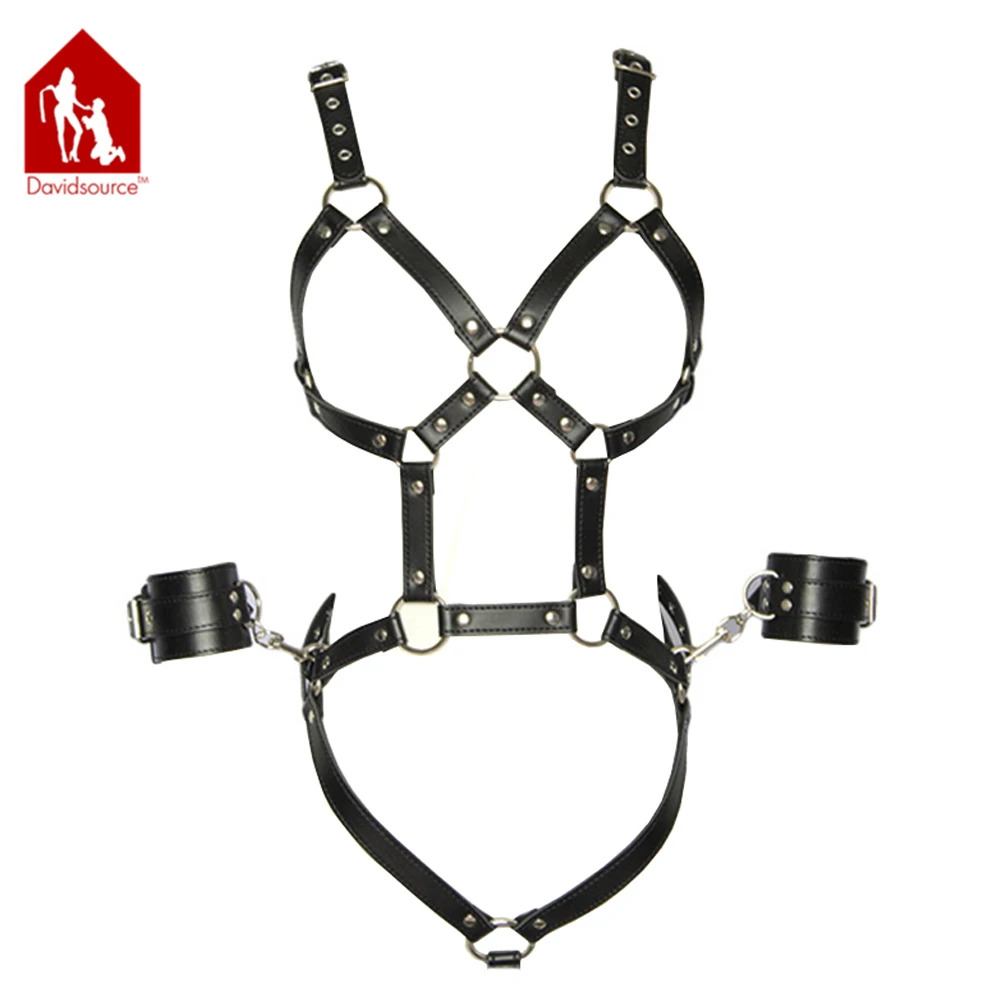 

Davidsource Hollow Bra Leather Harness With Handcuff Thongs T-back JumpsuitBondage Restraints Erotic Sexy