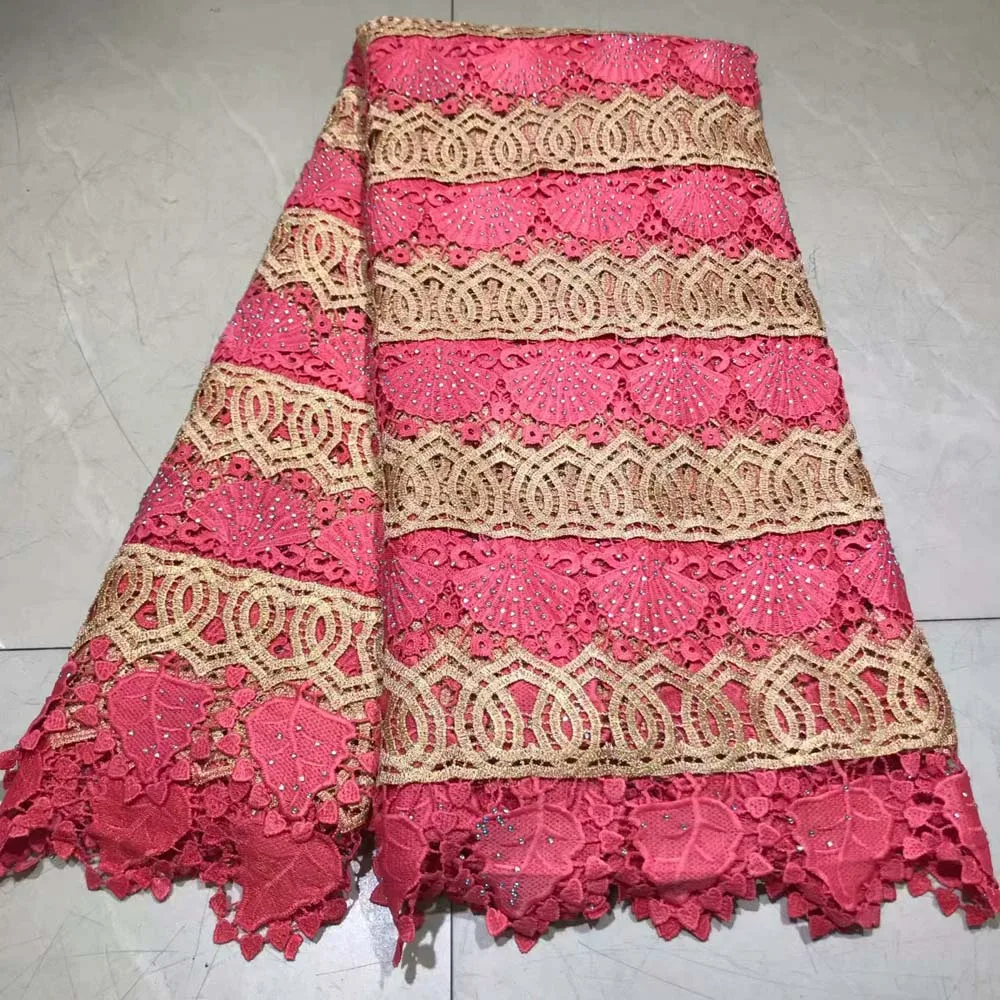 

High Quality African Guipure Cord Lace Fabric fuchsia color France soluble Water Lace For 2019 Pink guipure cord lace fabric