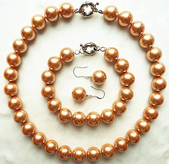

free shipping>>> Boutique fashion lady 14MM Bright Orange Pearl Bead Jewelry Set-BGDF
