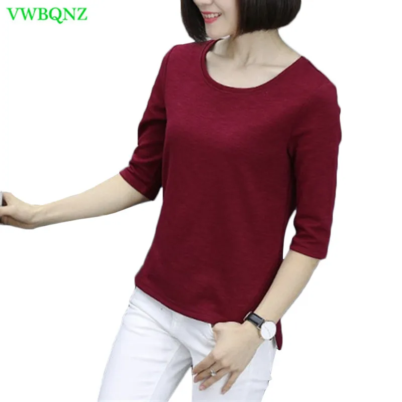 

Summer Round collar Plus size Women T- shirt Seven-quarter sleeve New Casual Pure color Loose Women Asymmetry T- shirts 4XL 874