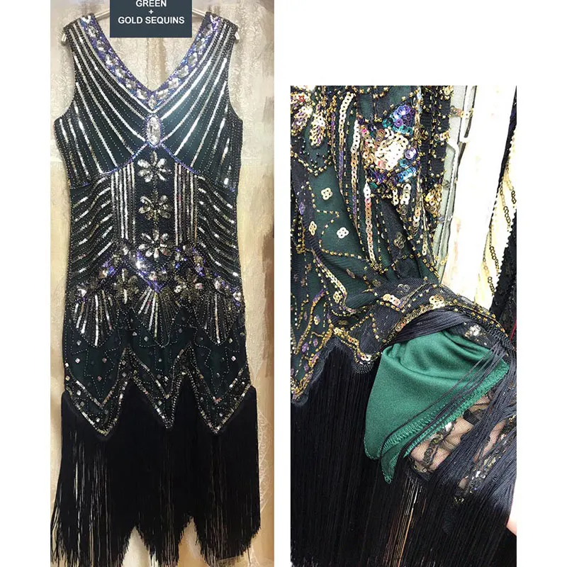 1920s Flapper платье Great Gatsby вечерние платья с блестками и бахромой - Цвет: Green gold dress