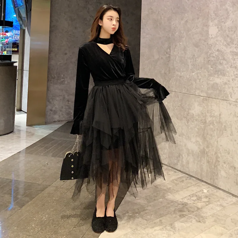 

2019 Summer New Solid Color Women's V-neck Mesh Stitching Long-sleeved High Waist Dress