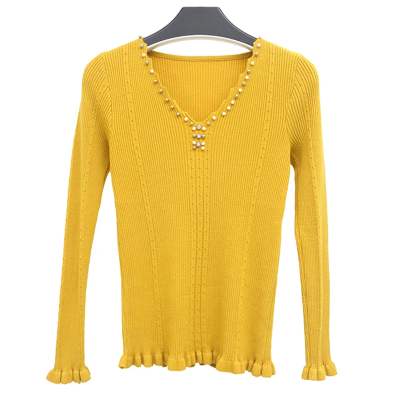 Spring Autumn Women Sweater 2019 New Fashion Beading V-neck Knitted Tops Solid Slim Elasticity Knit Pullover Sweater Female Y87