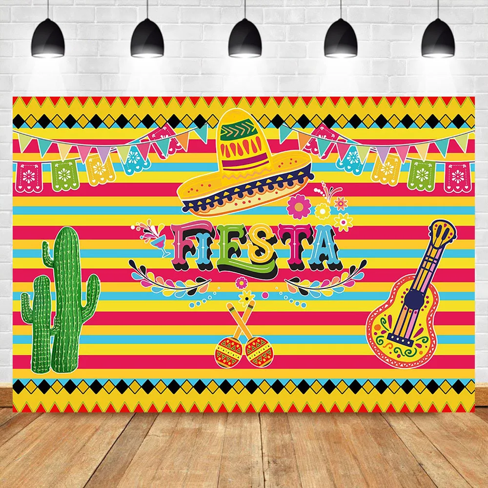 

Mexico Fiesta Theme Birthday Backdrop Colorful Stripe Photography Background Cactus Guitar Maracas Booth Backdrop Photo Studio