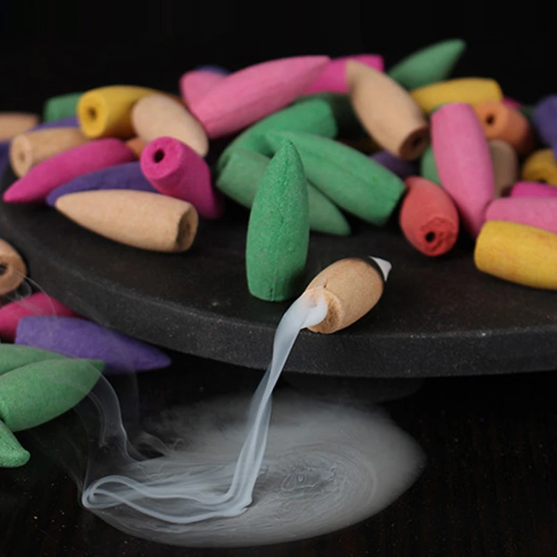 

100 Pcs Mixed Colored Smoke Backflow Incense Cones Natural Aroma Reflux Tower Incense Bullets Lavender Jasmine Green Tea Rose