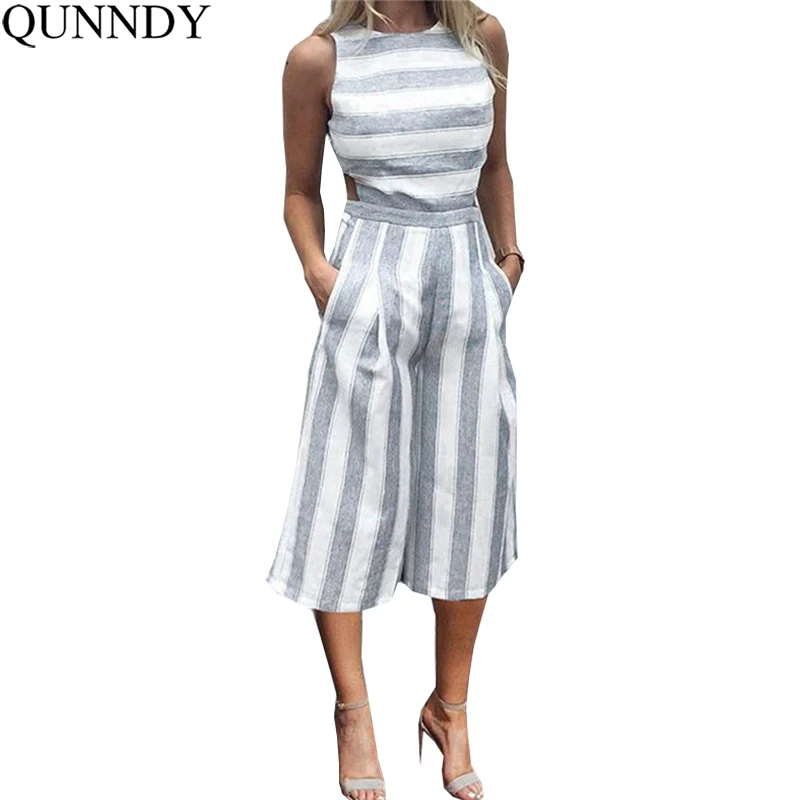 

Qunndy Summer Overalls 2018 Women's Sleeveless Striped Jumpsuit Casual Loose Trousers Leotard Catsuit Combinaison Wide Leg Pants