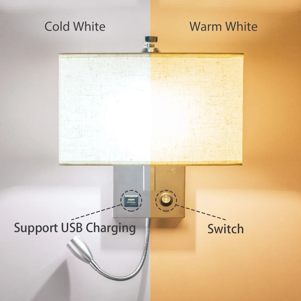 LED Wall Light USB Switch Sconce Bedroom Indoor Lighting Fixtures Up