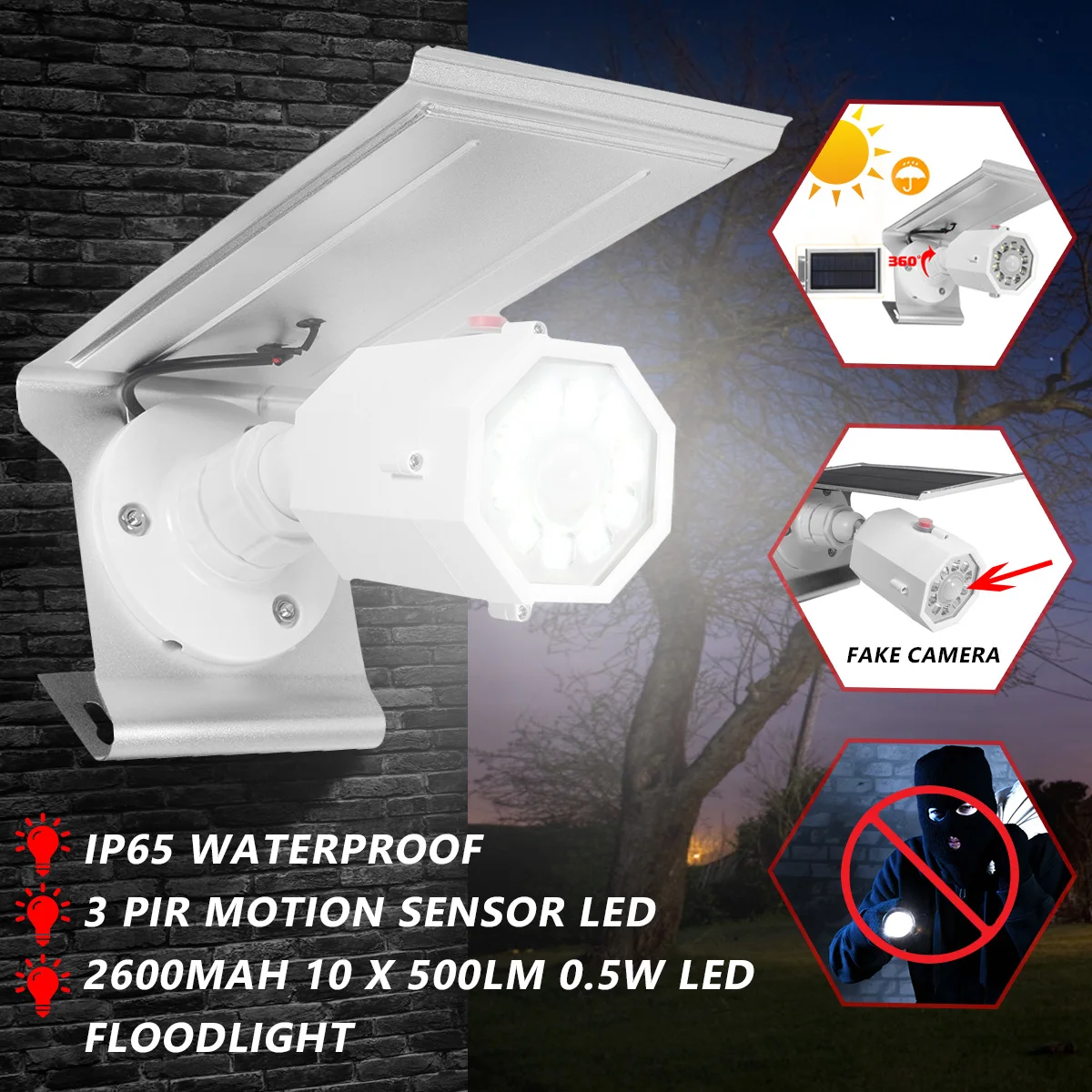 

Solar Powered LED Wall Light PIR Motion Sensor Lamps Waterproof Outdoor Indoor Street Security Light 2 in 1 Fake Dummy Camera