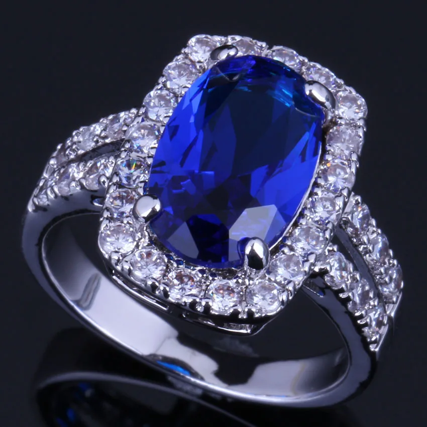 

Prominent Oval Blue Cubic Zirconia White CZ 925 Sterling Silver Ring V0643