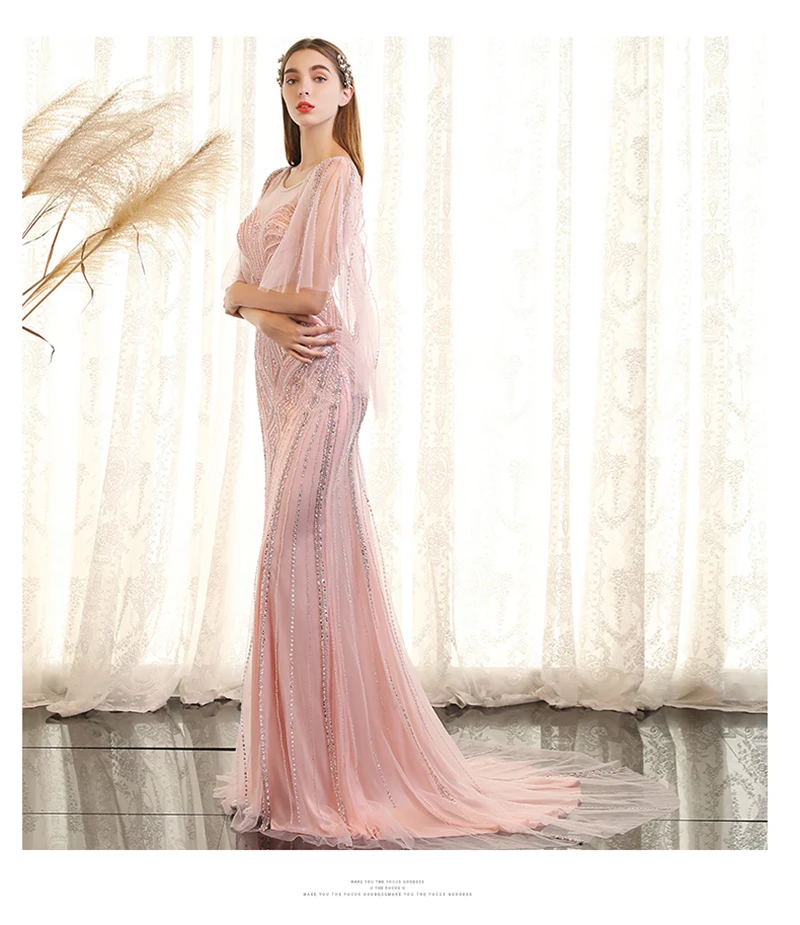 Luxury Pink Sheer Neck Crystal Beading Vestidos De Festa Backless Mermaid Formal Long Evening Dresses Prom Party Gowns
