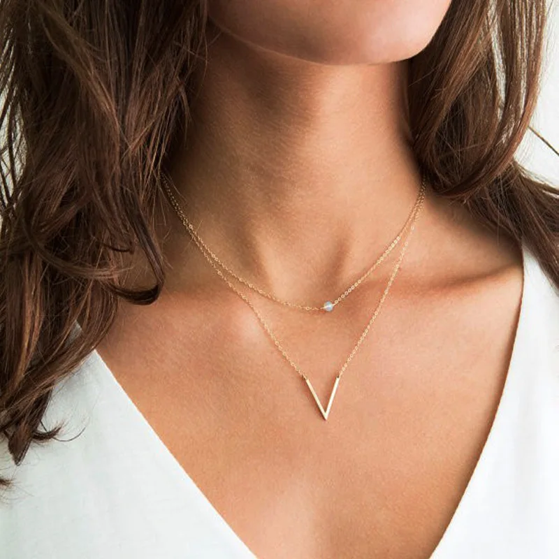 

Bohemia charm women preferred Simple handmade pure double V word plus opal necklace