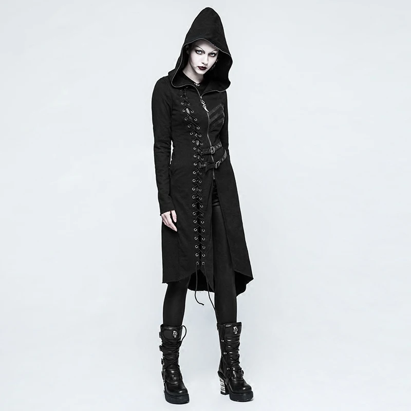 

2017 Punk Women Sexy Fashion Asymmetric Diagonal Hem Sweater Coat Steampunk Black Hooded Long Jacket Cotton Coats