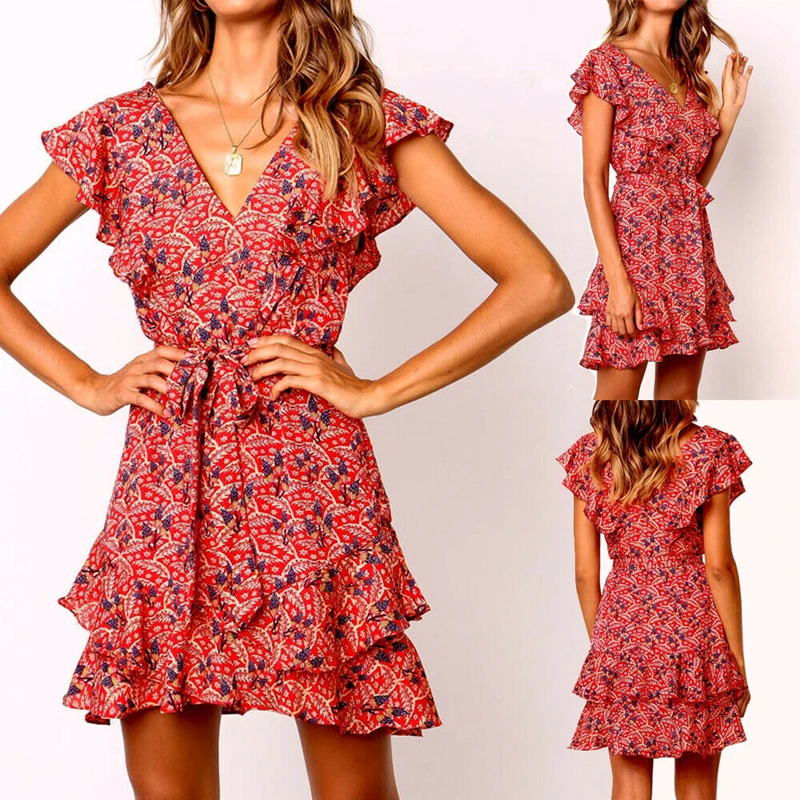

Women Summer Boho V Neck Short Floral Print Ruffle Sleeve Short Mini Dresses Evening Party Beach Dress Sundress