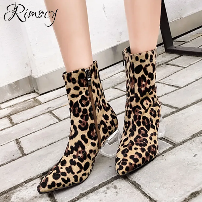 

Rimocy leopard ankle bots for women comfortable square heel botines mujer 2019 spring pointed toe shoes woman flock btas femme