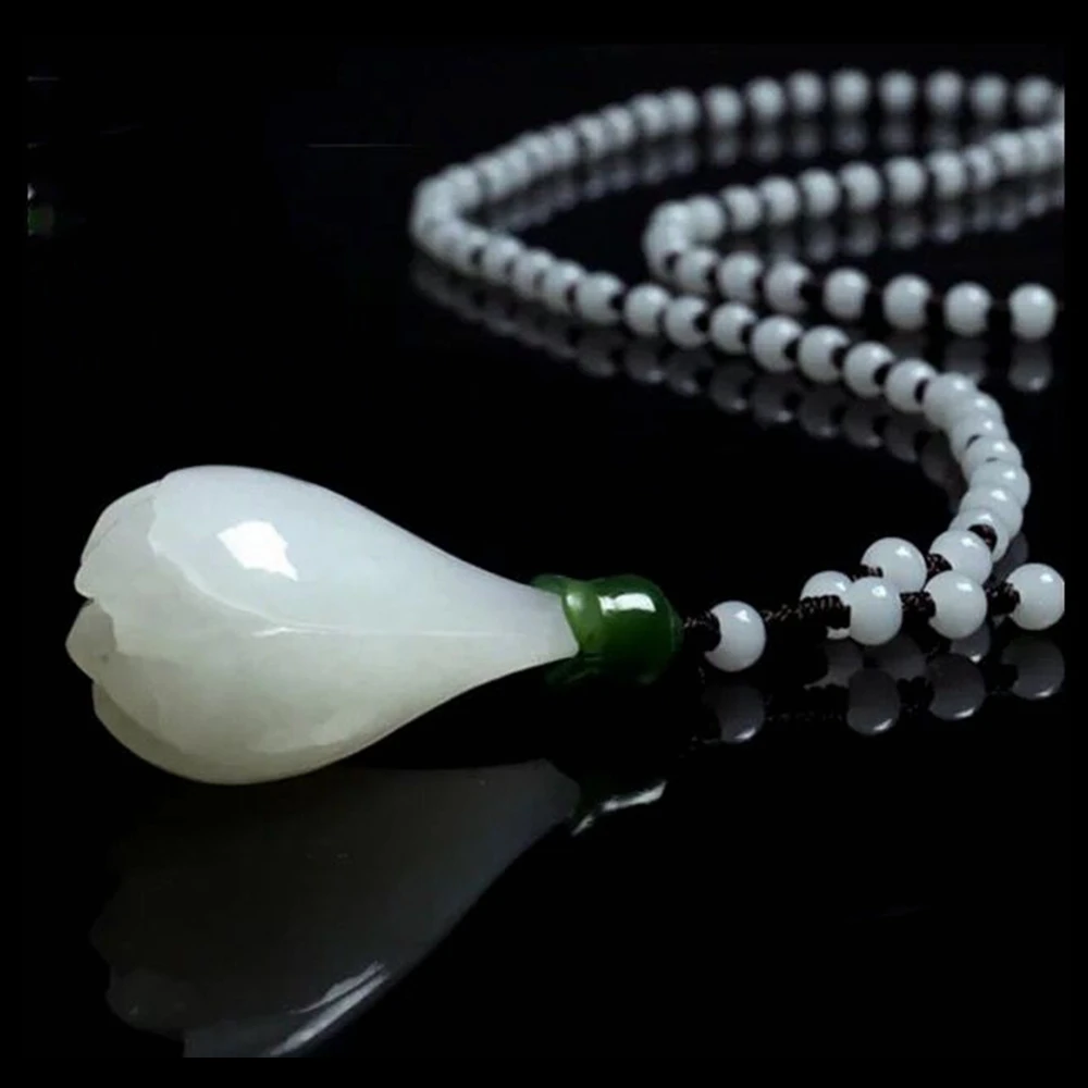 Chinese Natural White Hand-carved Chinese Hetian jade Magnolia flower pendant N