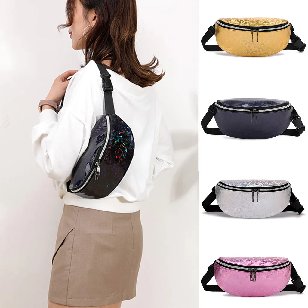 

Casual lady laser shoulder diagonal bag sports chest bag Woman pocket Students Outdoor Zipper Messenger Waist Bag fanny pack