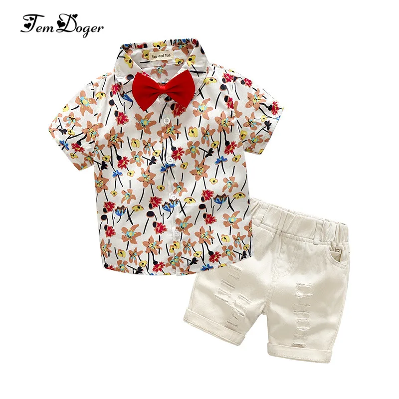 

Boy Clothing Sets 2018 Summer Kids Boy Clothes Suit Children Gentleman Style Tie Shirts+Shorts 2Pcs Outfits Sets Cotton Clothes