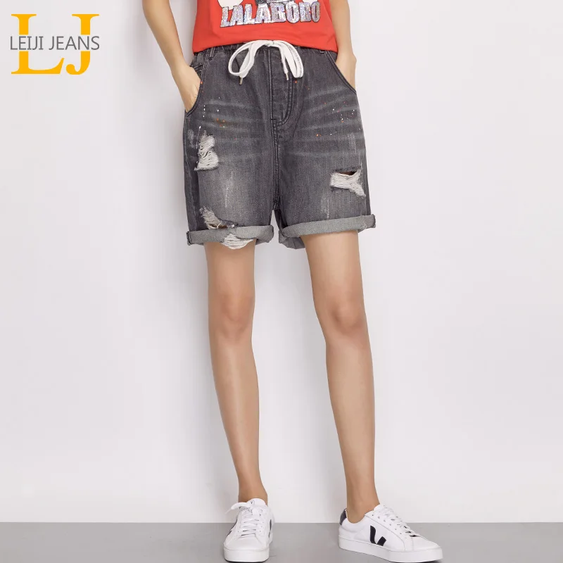 

LEIJIJEANS New Summer Plus Size Dot Print Ripped Hole Moustache Effect Bleached Elastic Waist Loose Denim Women Cuff Short