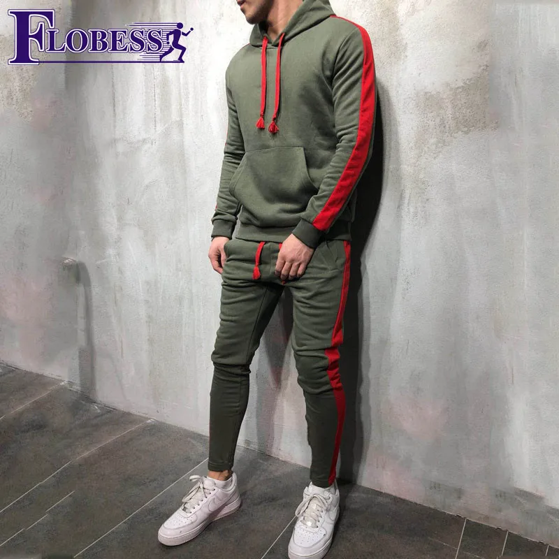 

2018 Autumn Winter Striped Tracksuit Men Sports Hooded Brand-Clothing Leisure Male Jacket + Pant Man 2 Piece Set