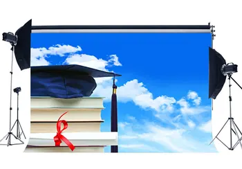 

Graduation Ceremony Backdrop Degree's Diploma and Trencher Cap Backdrops Books Blue Sky White Cloud Photography Background