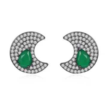 

Copper AAA Cubic Zirconia White Gold Gun Black Moon Stud Earring with Green Rhinestone Minimalist Fashion Moon Earring Jewelry
