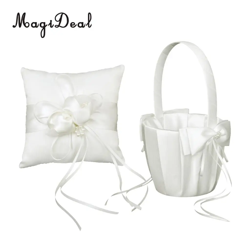 MagiDeal Hot Sale Wedding Ceremony Ivory Satin Crystal Ring Bearer Pillow+Flower Girl Basket Supplies for Engagement Party Favor
