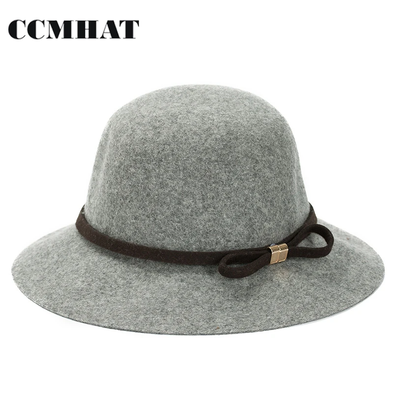 CCMHAT 2017 Fashion Women Winter Wide Brim Fedoras Caps Wool Bow Tie Girls Felt Hat Caps