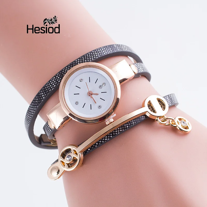 

Hesiod Pure Color Small Dial Leather Band Students Watch Gold Ball Crystal Pendant Charm 7 Color Women's Fashion Gifts