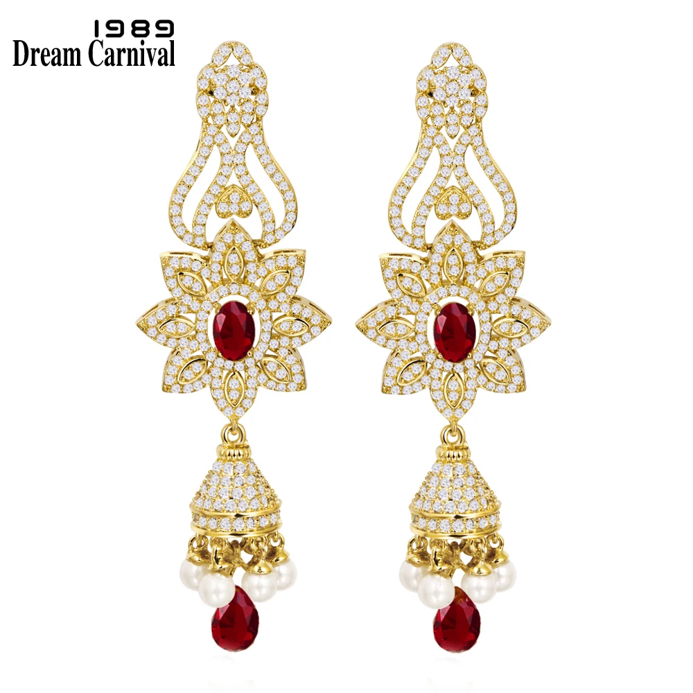 

DreamCarnival 1989 Elegant Luxury Design Gold Color Green Blue Champagne Clear CZ Boucle D'oreille Wedding Long Earrings SE07330