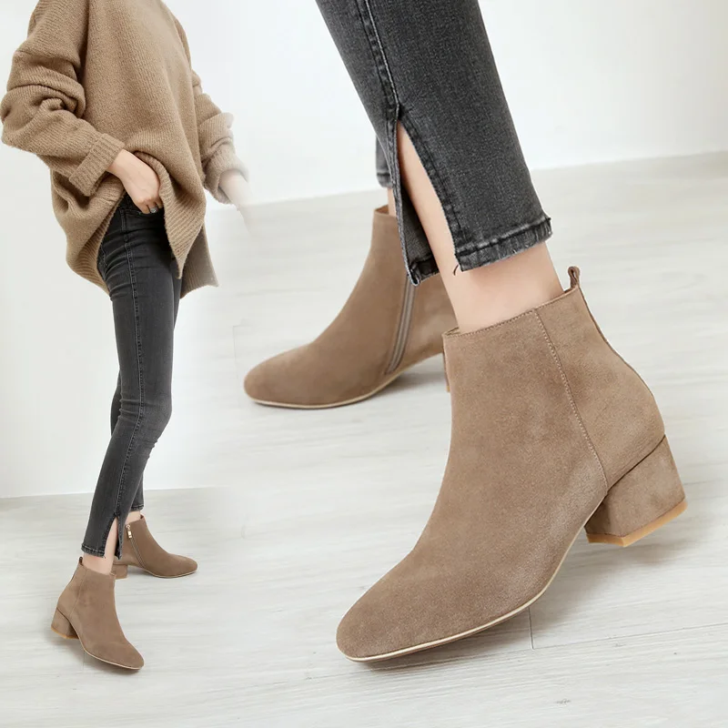 2018 Otoño Nueva Paste Paste naked bean Velvet Femmes Botas Bottes Del Mycolen Single Velvet Tobillo Cuir nude Invierno Mujeres En Single Toe black Black bean Elegante Longitud Peep Moda dExwCq