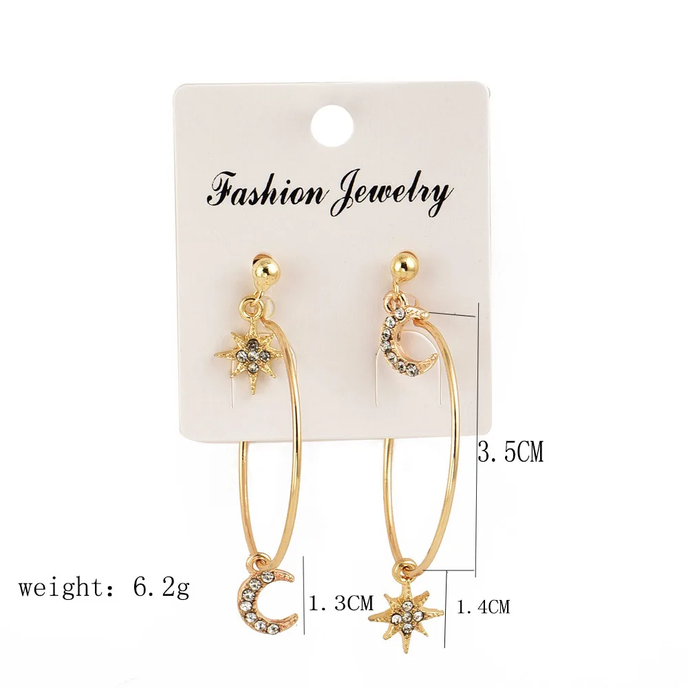 Популярный золотой набор серег-колец с кулоном в виде луны и звезд для женщин, Эффектные серьги, модное ювелирное изделие