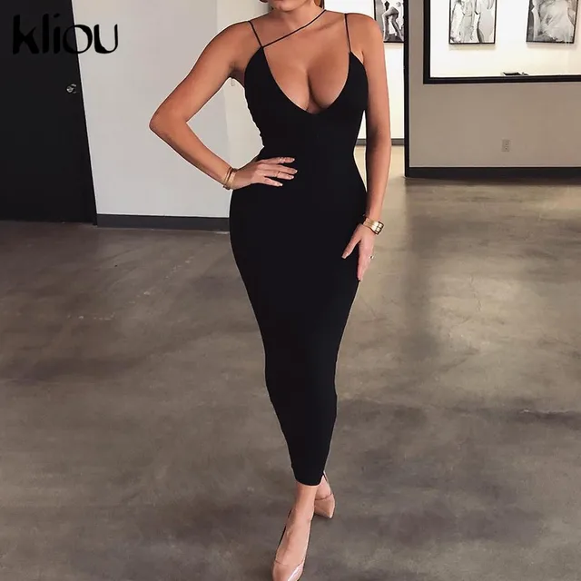 Kliou 2019 summer women sexy strap v-neck dress solid Neon color sleeveless skinny long dress female fashion vacation clothes 2