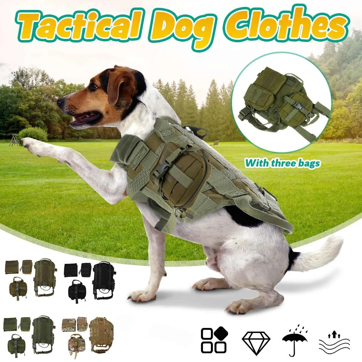 

3 Bags Military Tactical Dog Clothes Harness Working Dog Vest Nylon Bungee Leash Lead Training Running For Medium Large Dogs