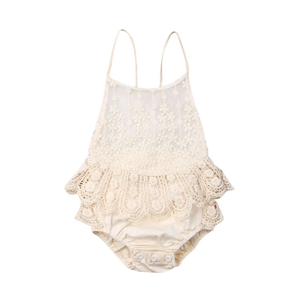 Solid Sleeveless Cami Straps Lace Ruffled Romper Jumpsuit For Baby Girl