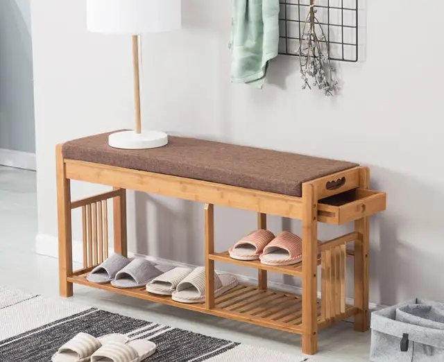Bamboo Shoe Bench Rack With Cushion Upholstered Padded Seat Storage Bamboo Shoe Bench Rack With Cushion Upholstered Padded Seat Storage Shelf Organizer For Bedroom Living