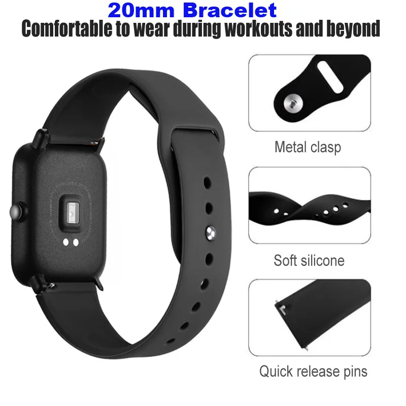 2/лот 20 мм силиконовый браслет для Xiaomi Huami Amazfit Bip Lite ремешок Garmin Vivoactive 3 Band samsung Galaxy Watch активные полосы