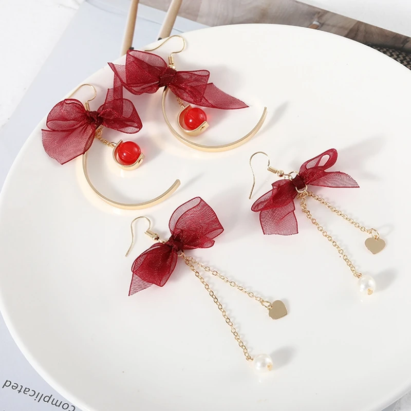 

Korean Red Bowknot Drop Earrings For Women Jewelry Gift Lace Simulated Pearl Long Tassel Earrings Female Girl Dangle Earrings