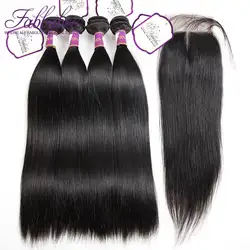 Fabbabes перуанский человеческие волосы 3 пучки с 4*4 закрытие кружева 100% Реми прямые волосы переплетения перуанский прямые волосы с закрытием