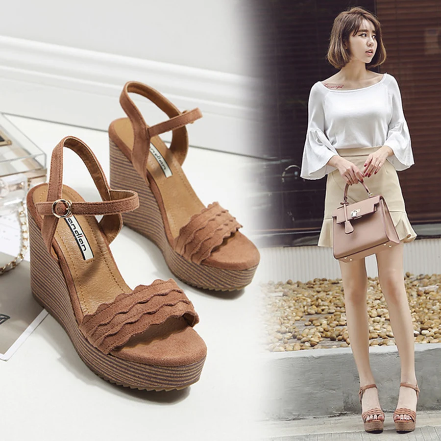 

New Thick High-Heeled Rome Nude Color Waterproof Platform Women Sandals Shoes Carved Wedges Bottom Female Solid Color Sandals