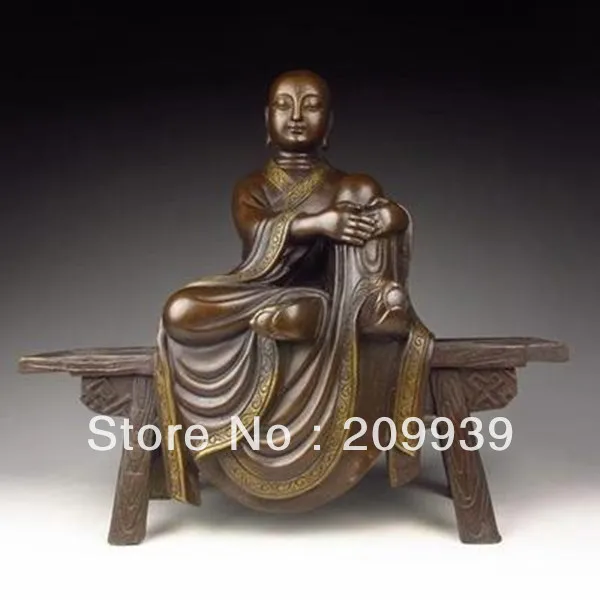 

001388 Chinese Bronze Statue - Tang Xuanzang on Stool (A0314)