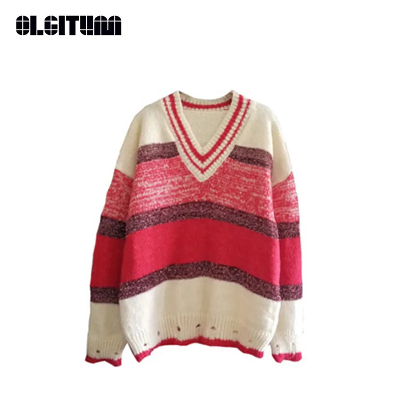 

New Autumn and Winter Contrast Color Striped V-neck Sweater Female Oversized RED BLUE Loose Mohair Sweater Women SW940