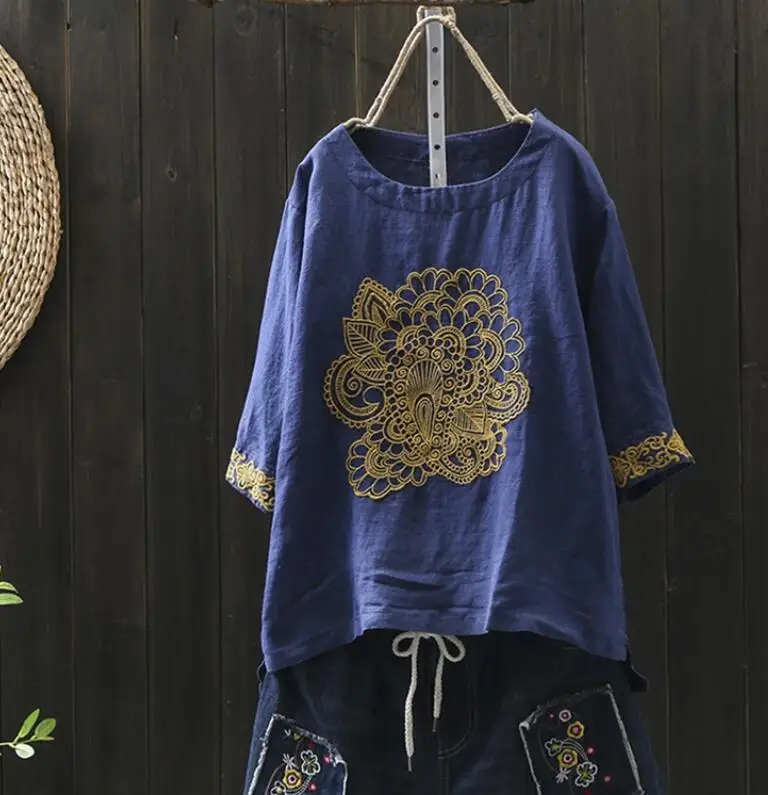 Женские китайские Топы летние винтажные рубашки с вышивкой в народном стиле женские топы и блузки из хлопка и льна одежда в восточном стиле TA1603 - Цвет: 3