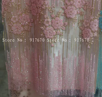 

3yards High Quality African Nigerian Tulle Lace Fabric Pink Glitter Lace Fabrics