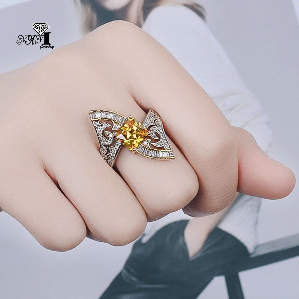 YaYI ювелирные изделия Мода Принцесса Cut 5,9 CT желтый циркон серебряного цвета обручальные кольца Свадебные Кольца Сердце вечерние кольца Подарки 1165